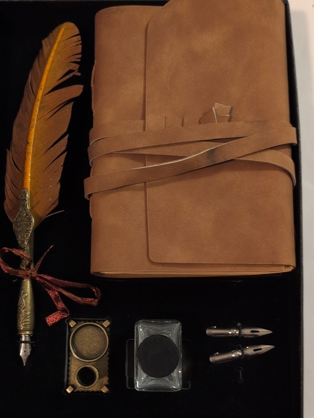 Leather Wrap Journal Feather Pen Tips Inkwell Box Set- Tan